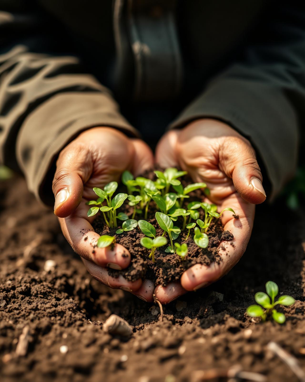 A farmer's hands holding fresh seedlings in rich dark soil